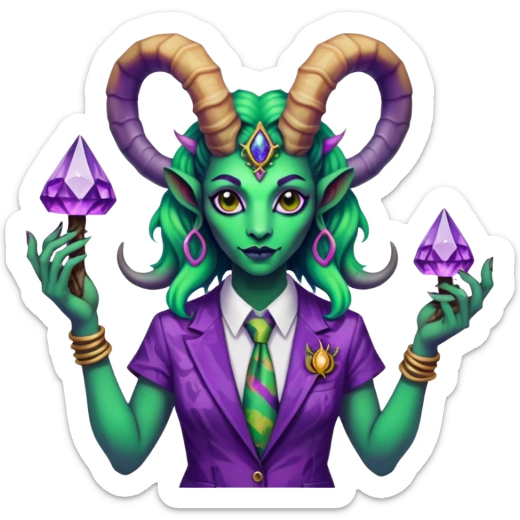 Feminine green and purple Scorpio Baphomet standing among trippy tie-dye mushrooms.. she’s holding a crystal in one hand and  holding a scorpion  sticker