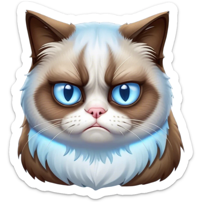 Cinematic Meme-Worthy Grumpy Cat meme Portrait Emoji, Head held high but eyes filled with dramatic disappointment, soft brown fur , white paws planted firmly in defiance, signature grumpy cat frown perfectly etched on its face, icy-blue eyes radiating pure disapproval, Simplified yet hilariously over-exaggerated features, highly detailed, glowing with an aura of supreme annoyance, high shine, exhausted yet judgmental, stylized with an almost regal pettiness, bright but brooding, soft glowing outline, capturing the essence of a feline that has seen it all and is thoroughly unimpressed, so meme-worthy it feels like it could instantly become the next viral sensation of grumpiness! sticker