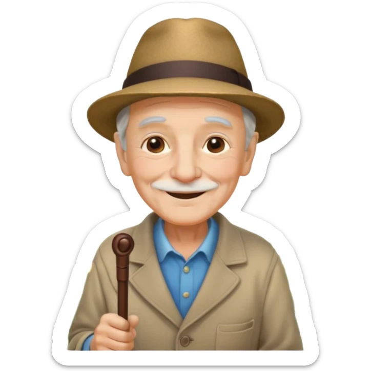 old man with a cane, smiling, wearing a hat, standing near flowers, peaceful atmosphere sticker