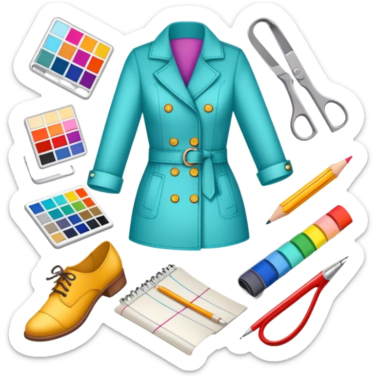Icon for Fashion Design: sketches of clothing, shoes, and accessories with design tools like a pencil, fabric swatches, and a measuring tape. The icon should represent creativity in fashion design and tailoring. Transparent background. sticker