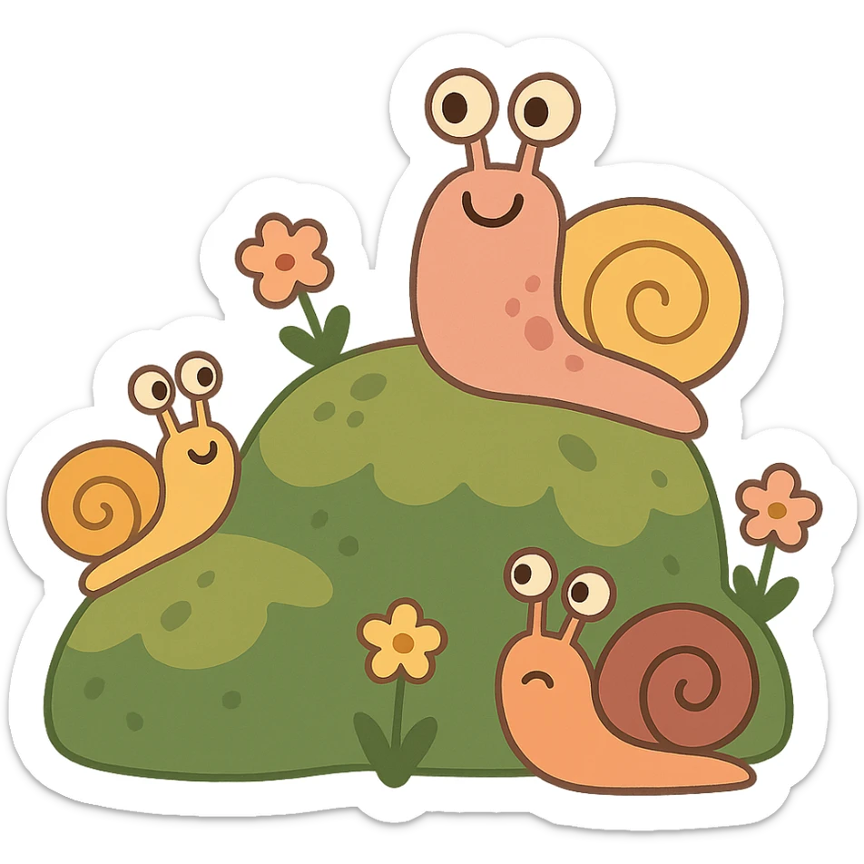 mossy rock with snails and small flowers in earthy pastel colors, pastel-toon style sticker