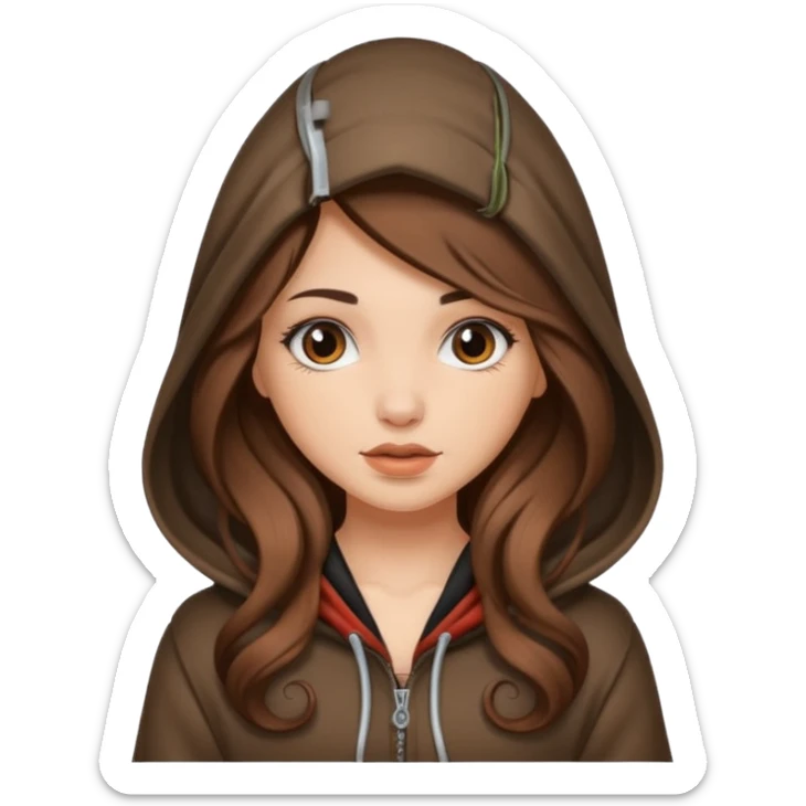 cute woman long wavy brown hair tattoos curled inside hood sticker