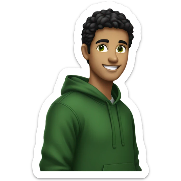 A young man with black hair and green eyes. Wearing a dark green hoodie. Smiling. sticker