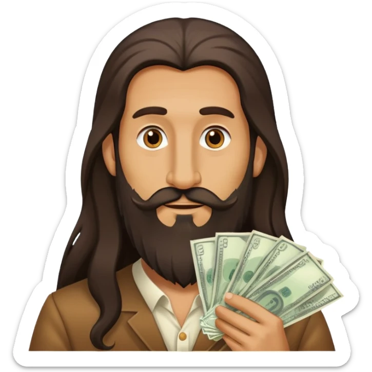 Stereotypical Jew with super long nose,hair, and beard with no mustache holding money sticker