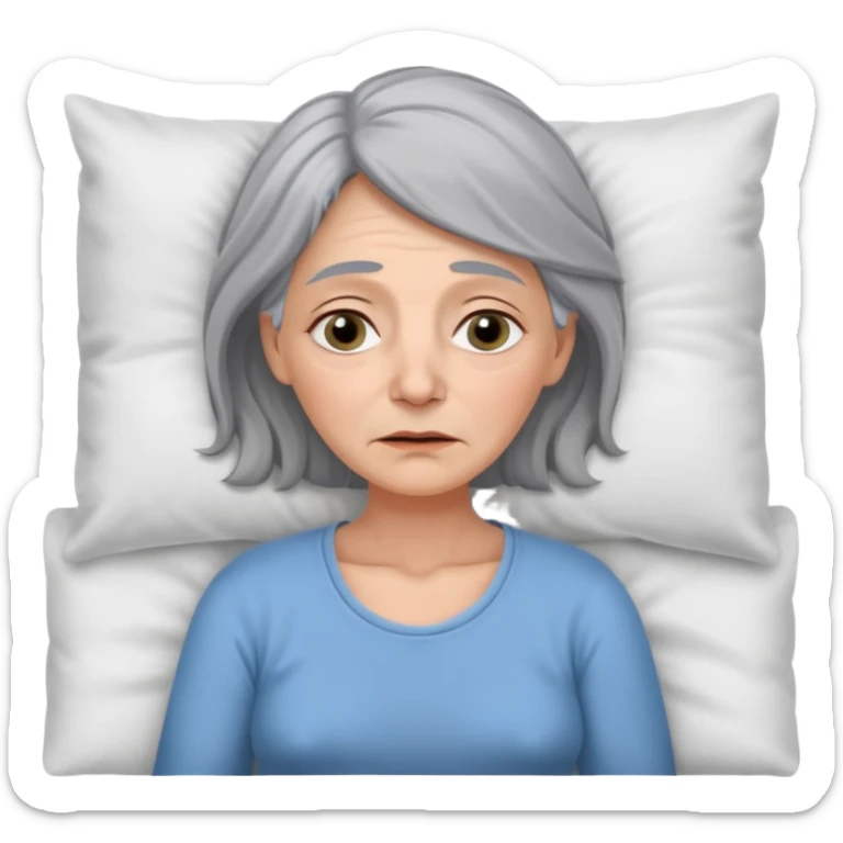 A 55-year-old woman lying in bed. She looks exhausted and desperate, with visible dark circles under her eyes, tired facial expression. sticker