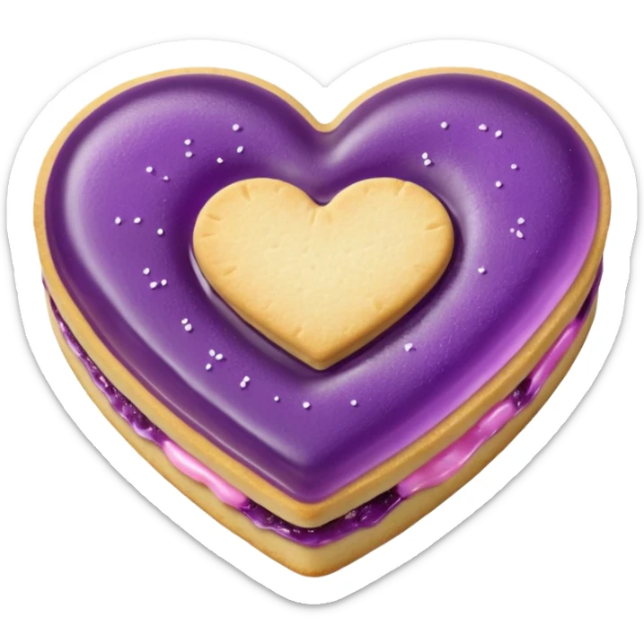 Realistic shortbread cookie in the shape of a heart with purple pastel jelly middle filling and sprinkled powder sugar on top. sticker