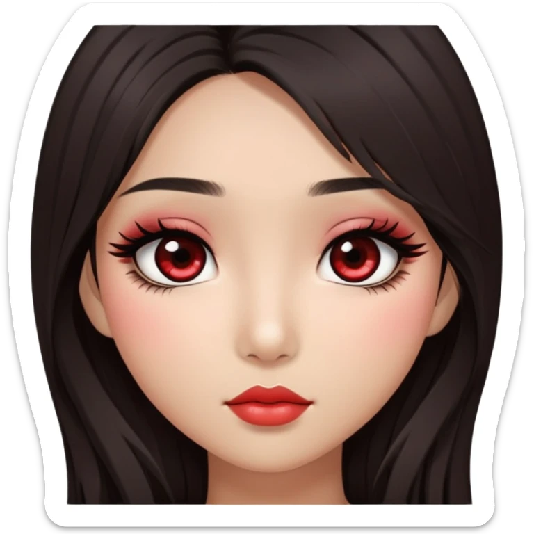 Asian girl with very long shaggy deep dark brown hair, big dark eyes. long lower lashes, red blush, simple dark makeup. sticker