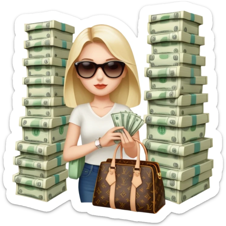 Old money women with sunglasses and Luis Vuitton bag and lots of money  sticker