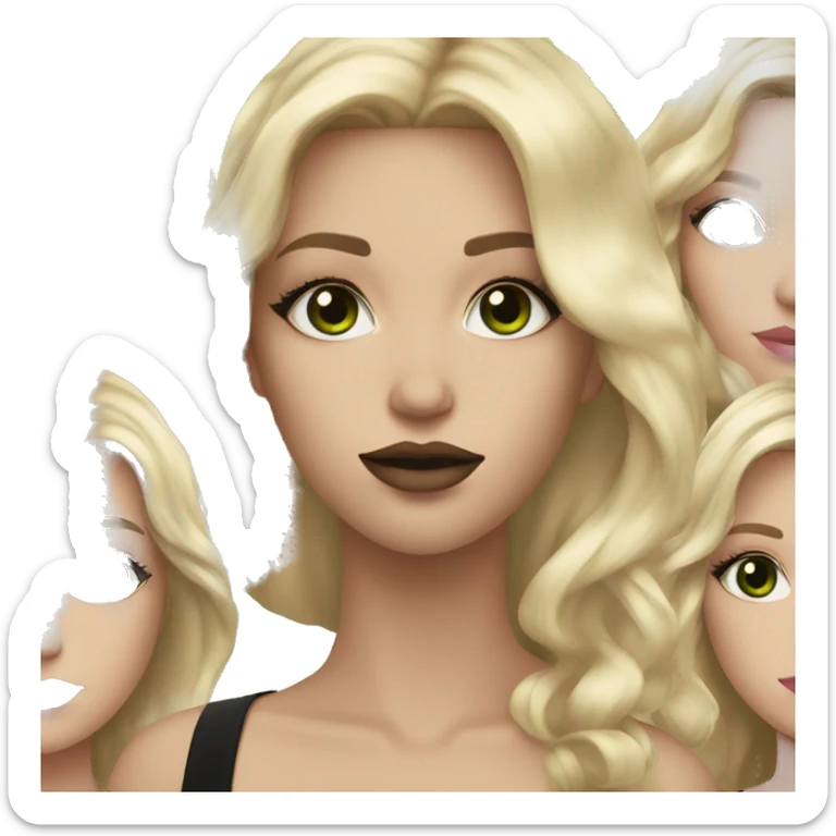 Blonde and brown hair with nude pink lipstick green eyes wearing black  sticker