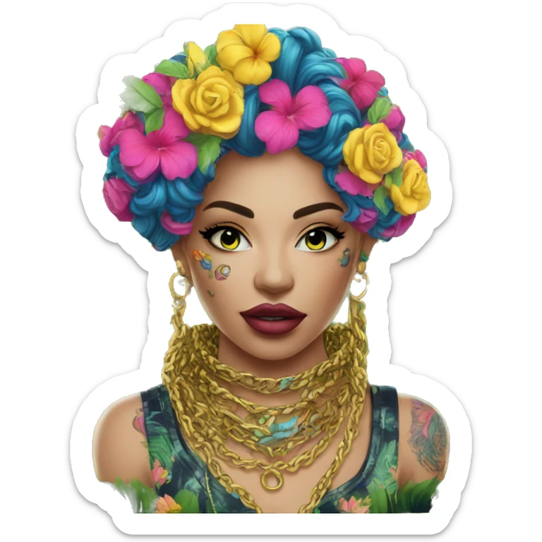 Trendy lady tropical multicoloured baroque hoodie with tattoos and gold chain sticker