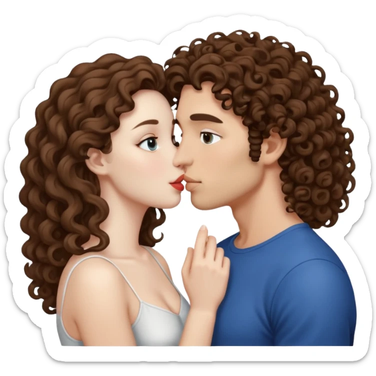 Couple kissing, the man would be white-skinned, curly-haired, brown. The serious woman with white skin, long hair and brown color  sticker