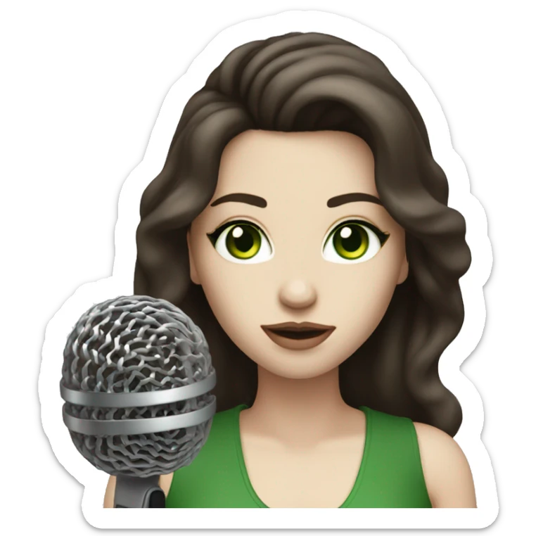 A pop singer with a microphone, dark brown hair and pale skin and green eyes sticker