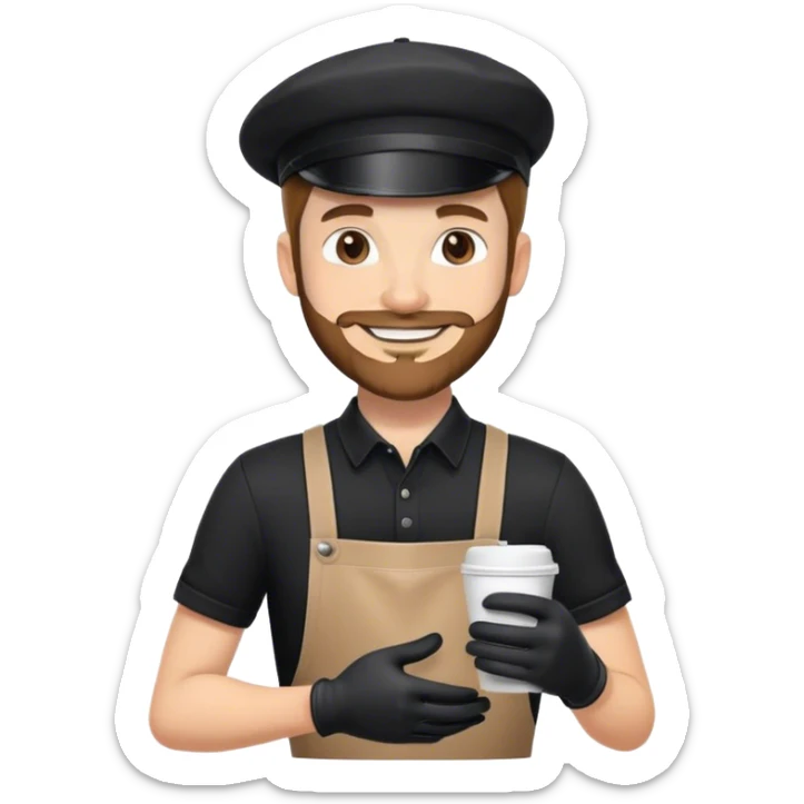 white starbucks barista with a short beard and a paperboy hat and a black shirt cap wearing black gloves and smiling sticker
