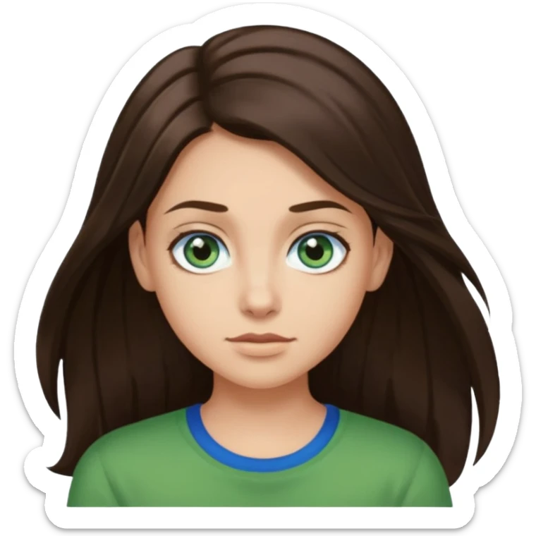 long dark brown hair with highlights in the front, big blue eyes clear skin with neck and green top on sticker