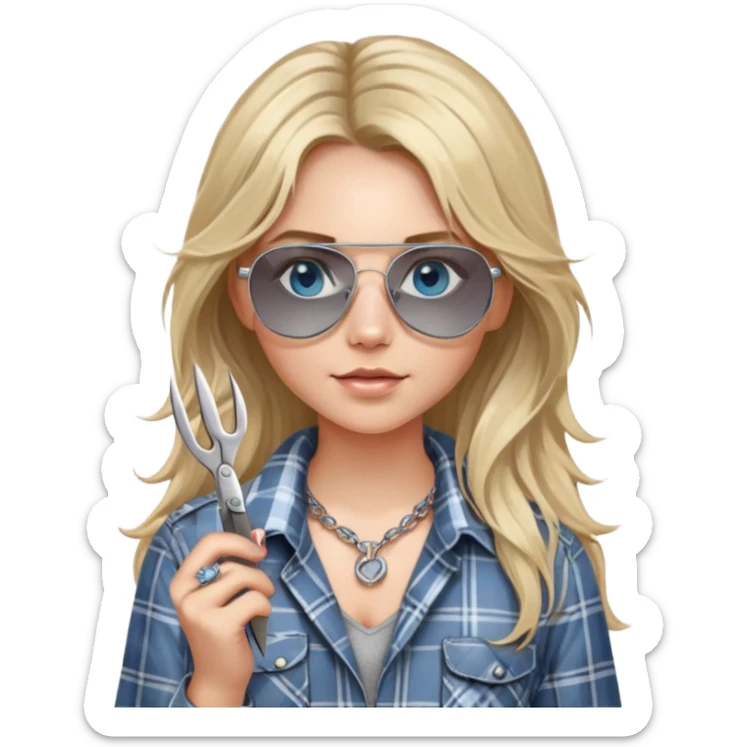 girl with long blond messy hair wearing grey plaid shirt with blue eyes and aviator sunglasses wearing a ring on her silver necklace, holding scissors sticker