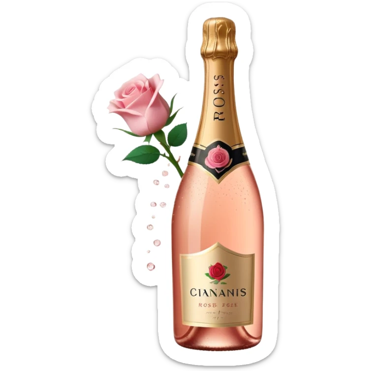 bottle of sparkling rosé champagne with a rose logo on the label, with the cork popping out from the top, tilted up and to the left, no glass sticker