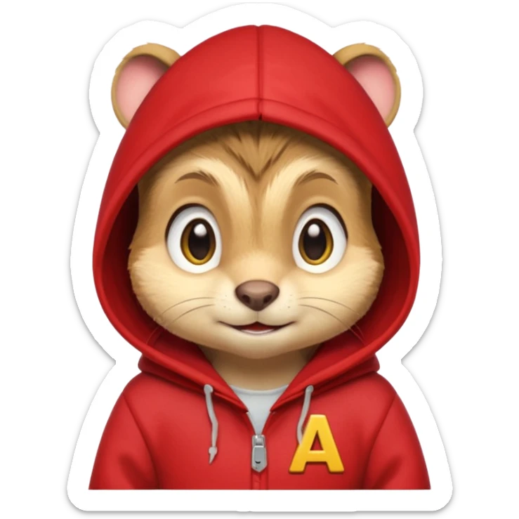 Portrait of a cartoon chipmunk with light brown and beige fur, wearing a red hoodie no zip with a yellow 'A' on it, big round eyes, small nose, and a mischievous grin, front-facing, stylized in animated movie style sticker