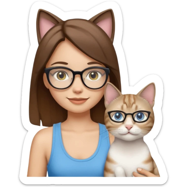 iOS-style emoji of a light-skinned girl with straight medium brown hair, black glasses and a white tank top, holding two cats: one white with yellow eyes and one gray tabby Siamese with blue eyes. sticker