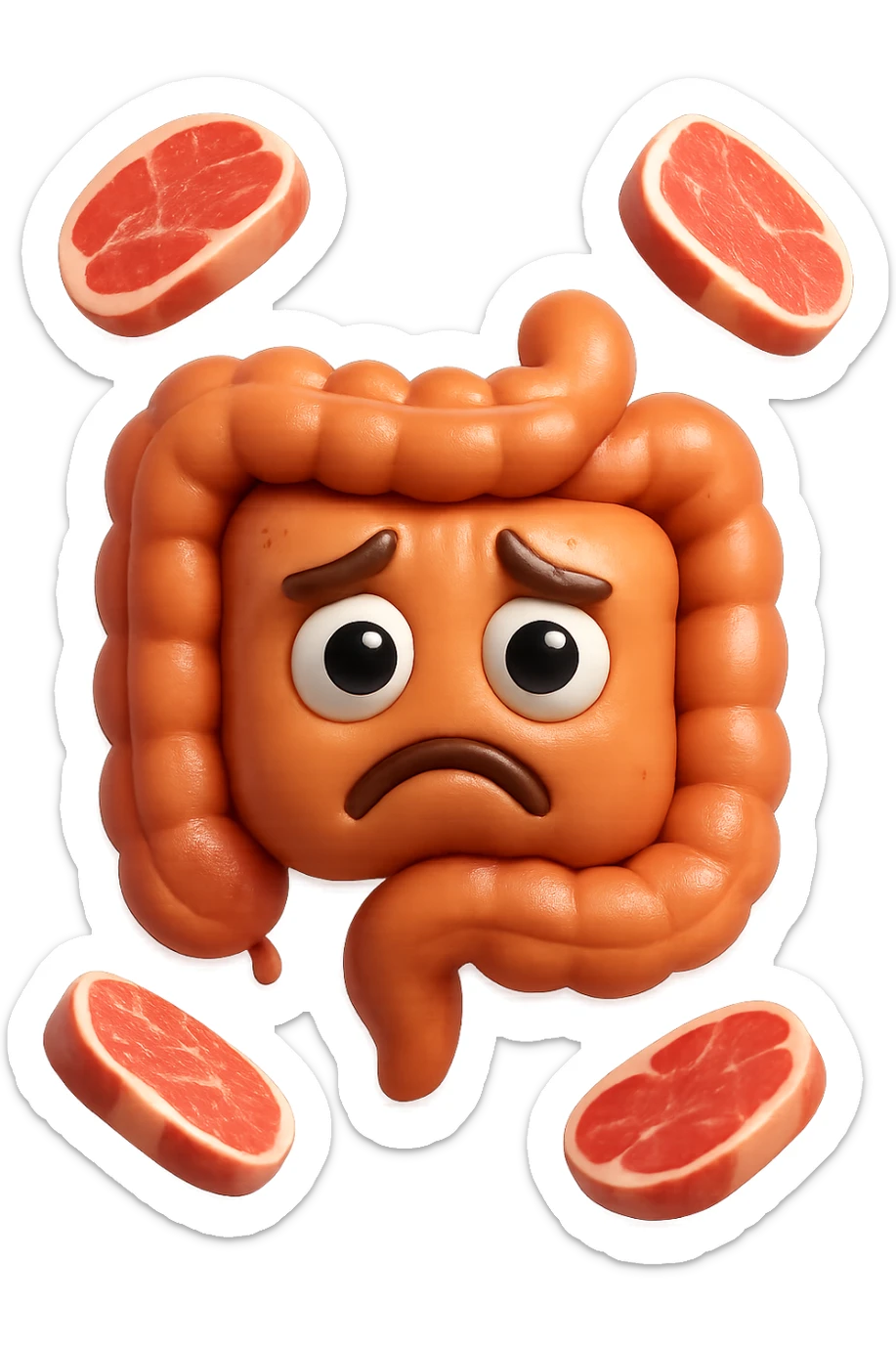 emoji stile iphone in 3d di un intestino triste con fette di carne che gli fluttuano intorno, gli occhi falli con la parte bianca pure, iperrealistico 4k sticker