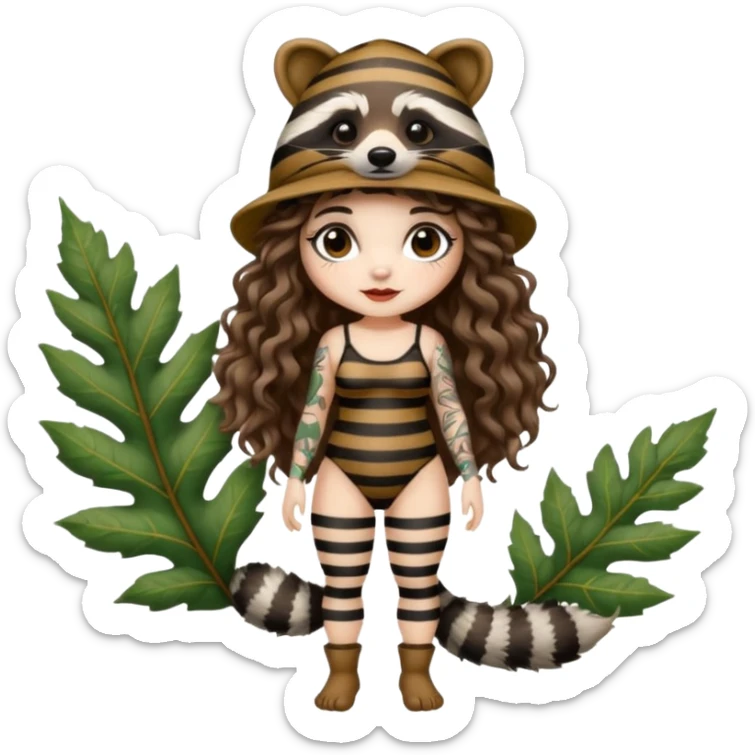 full body woman long curly brown hair brown eyes white skin tattoos wearing raccoon hat and striped leaf bodysuit sticker