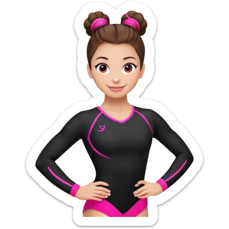 Happy female gymnast with brown hair in a neat bun, wearing a black uniform with neon pink elements. sticker