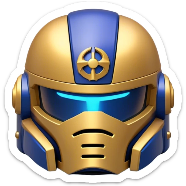 Clash of Clans aesthetic: Cinematic Playful Space Marine Helmet Emoji, rendered in a 3D vector-style similar to standard emojis with minimal shading and bold, simplified shapes. A compact, heroic isometric helmet with futuristic, armored detailing and a glowing visor, softly glowing with a battle-ready cosmic charm. Simplified yet unmistakably iconic, highly detailed and consistent, glowing with a soft radiant shine and high gloss. Stylized with a touch of interstellar valor and a soft glowing outline, capturing the essence of an elite warrior’s helm with a friendly, playful spirit! sticker