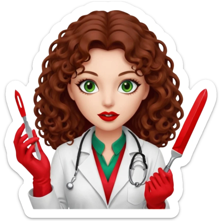 Lilith symbol seductress evil woman. She has green eyes.  had brown long curly hair.  evil surgeon kills with scalpel wears red sexy doctor coat with red mouth cover red gloves sticker