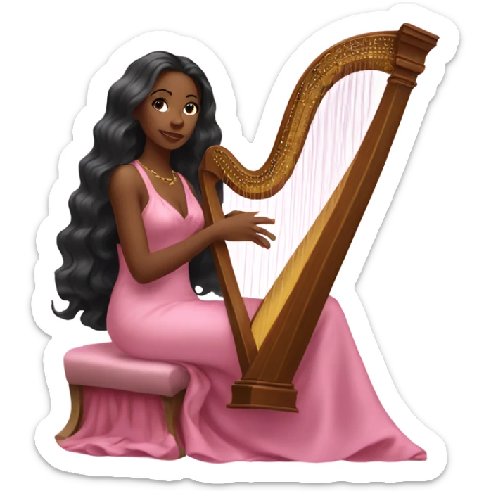 Pretty black women with long hair in a silk pink dress playing the harp sitting down sticker