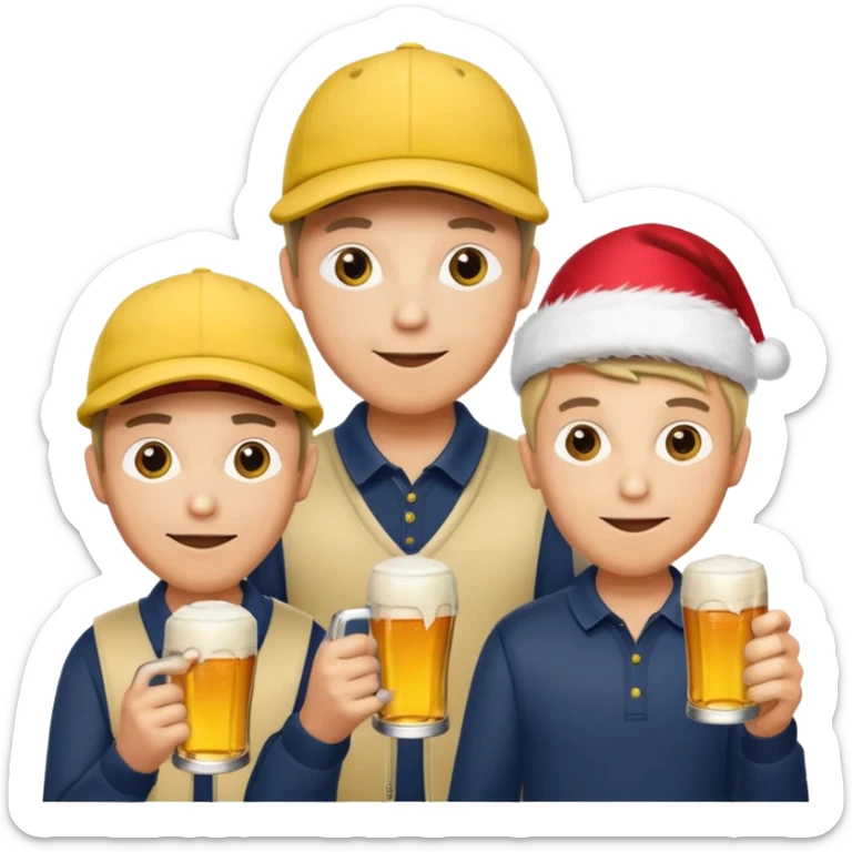 16 men on a golf trip wearing yellow golf caps all holding a beer can with a Xmas style label. Has to be 16 of them. sticker