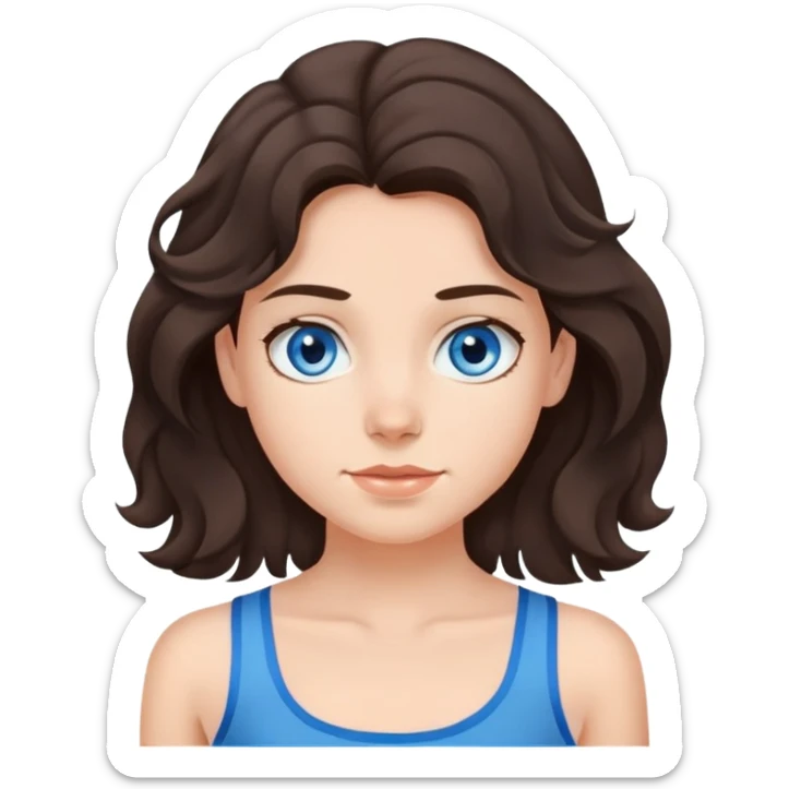 a girl with dark brown wavy hair just below her shoulders, with gray-blue eyes, in a blue tank top with thin straps sticker