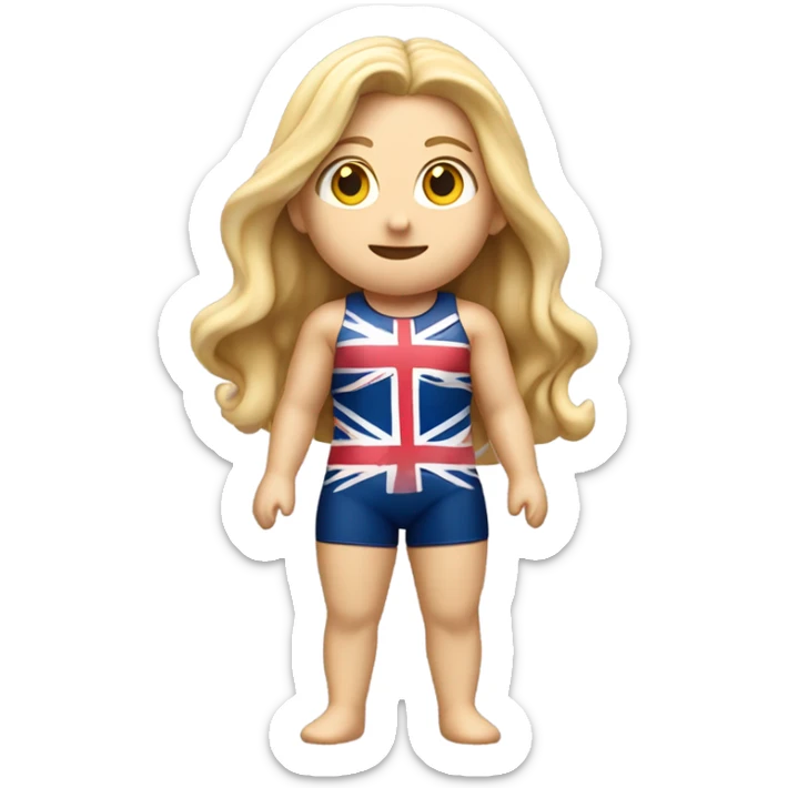 A girl with long blonde hair with wide shoulders wearing a Great Britain rowing swimming suit and has small muscles and add a necklace that has a sea shell pendant on it. The necklace is around the neck and the pendant is on her chest sticker
