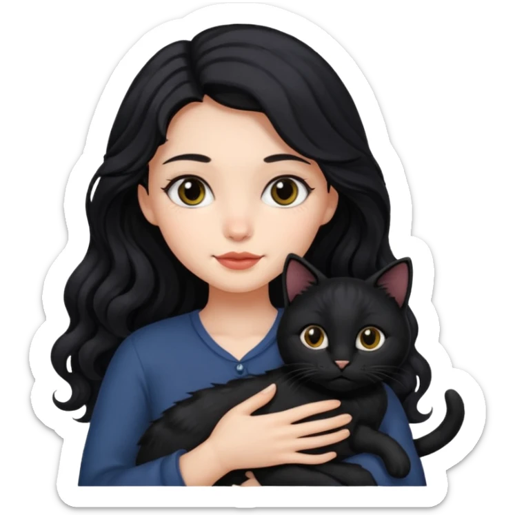 Girl with black long wavy hair holding in her arms black cat sticker