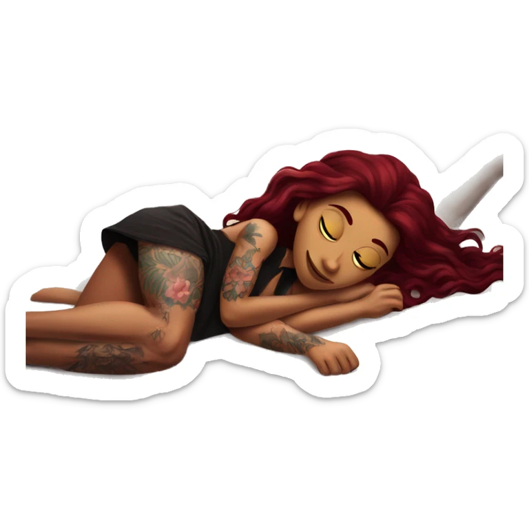 Beautiful tattooed burgundy long haired woman laying on the boyfriends chest sticker