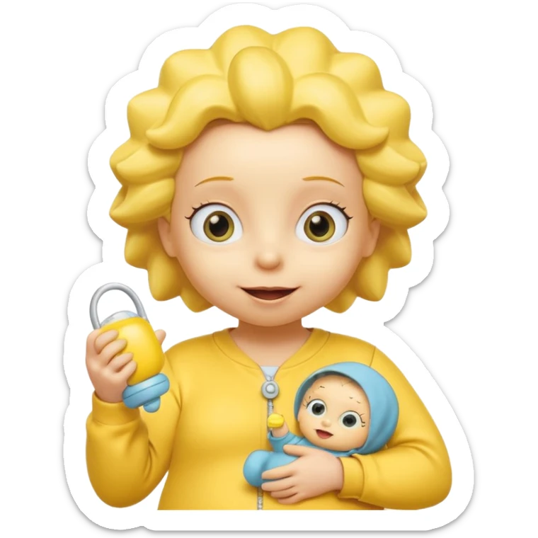 A 3D cartoon baby character fully yellow skin, styled like Maggie Simpson, with pacifier, yellow onesie, big eyes, smooth shading, Memoji-style rendering, consistent with other yellow Simpsons characters. sticker