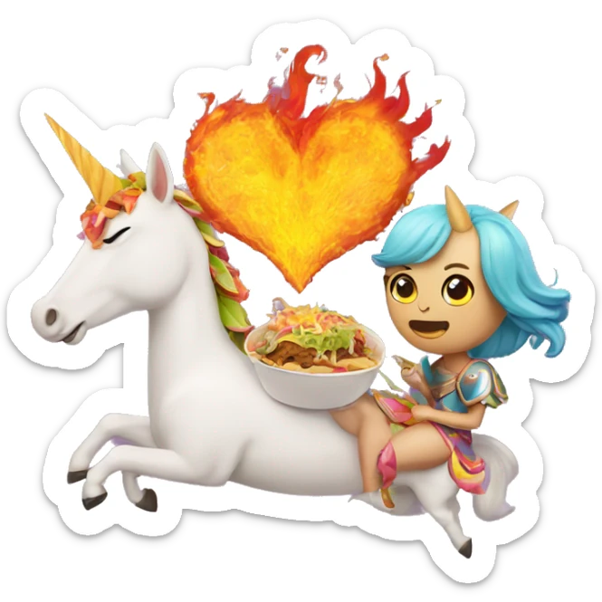 two women eating tacos, riding a unicorn, surrounded by a heart made of fire sticker