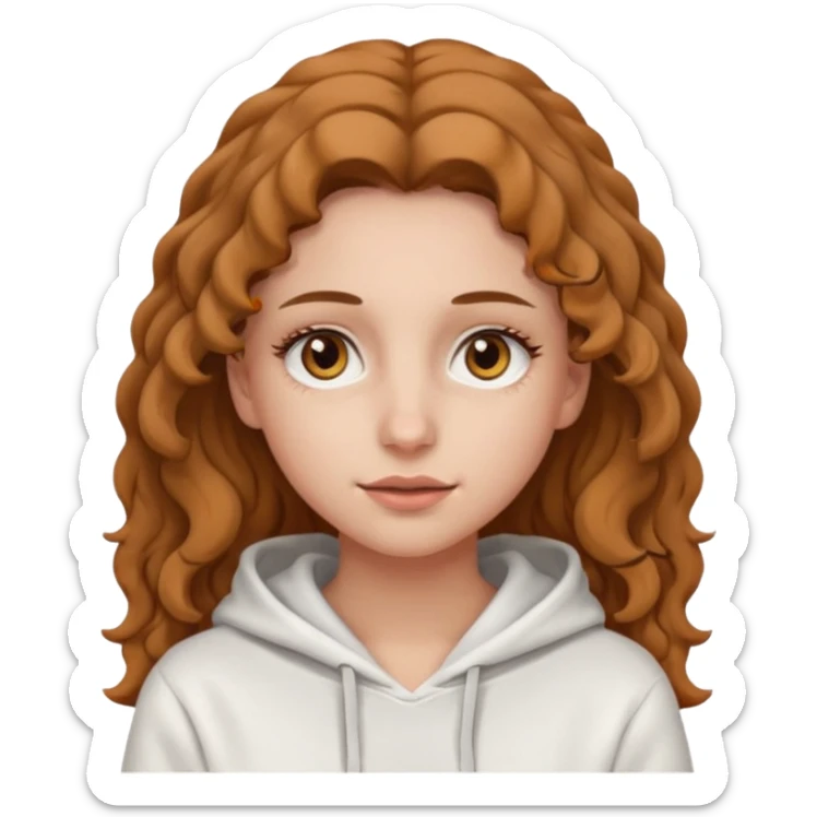 Una ragazza con una felpa semplice bianca,ha gli occhi marroni,i capelli marroni chiaro , c’è gli ha lunghi e ricci ma non troppo e ha le ciglia stile emoji apple sticker