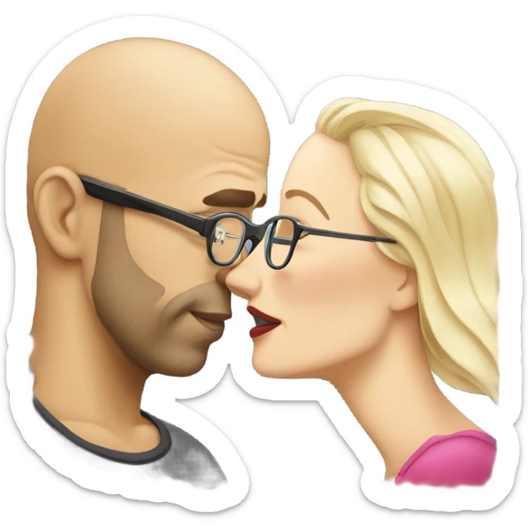 Bald man wearing glasses kissing a white blonde woman with long hair sticker