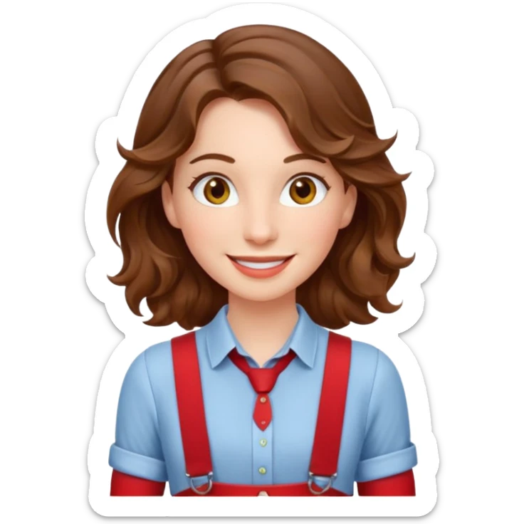 Woman with wavy brown hair and hazel eyes wearing red trouser suspenders  sticker