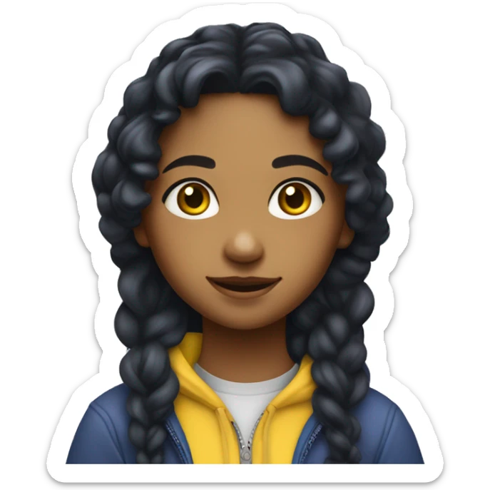 girl eating blueberries she has black hair and two braids. Her hair colour is black, but her texture of her hair is curly and wavy, and is middle eastern and she is wearing a yellow hoodie. sticker