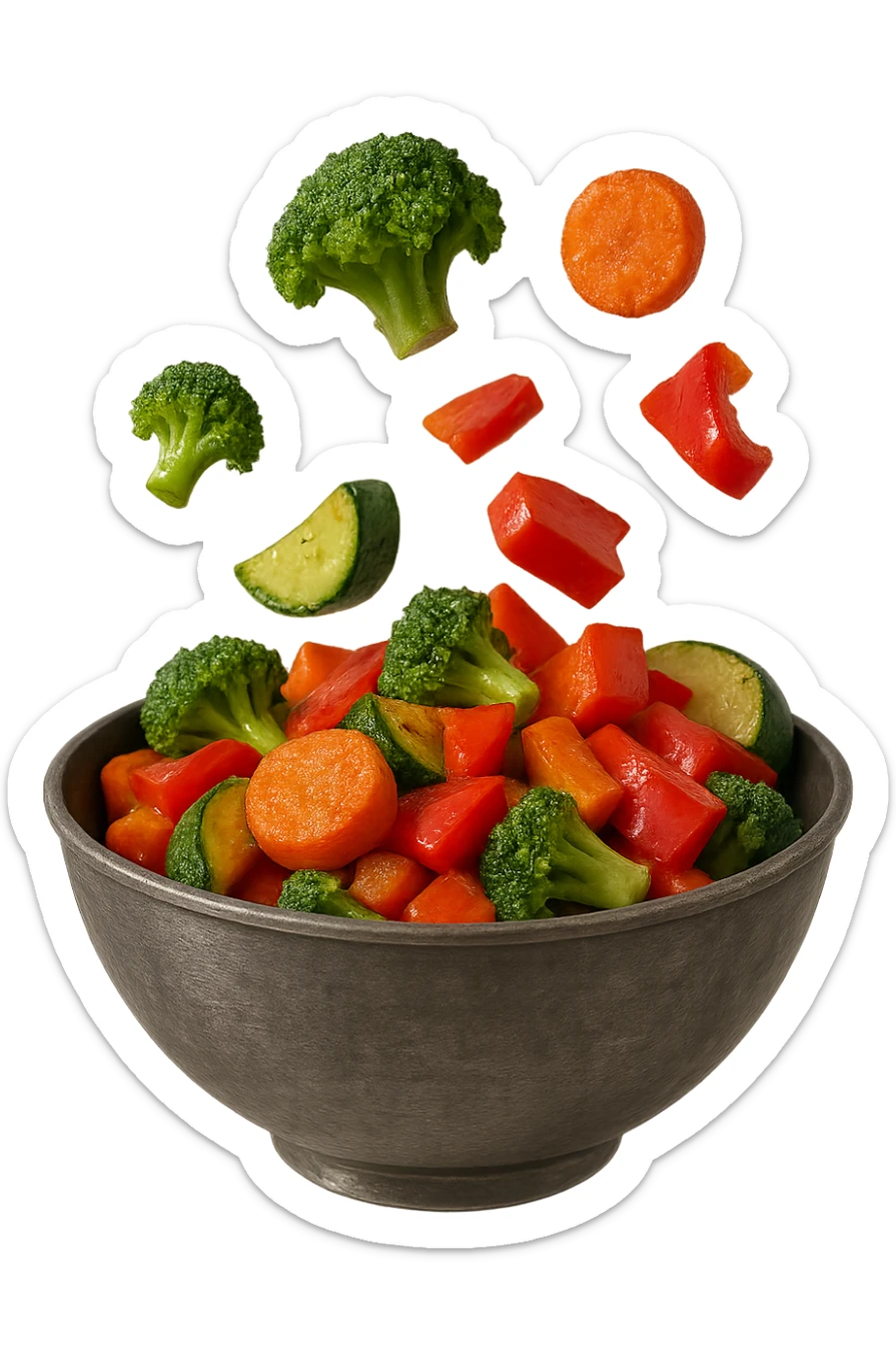 BOCCETTA DI MAGNESIO E VERDURE COTTE FLUTTUANO IN ARIA, IPERREALISTICA 4K sticker