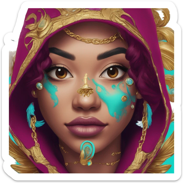 Vintage patina intricate swirls gold jewellery baroque raven wings angel tropical Deep pink maroon burgundy cyan dark hoodie man vitiligo dyed hair gold piercings nose piercing ear piercings sticker