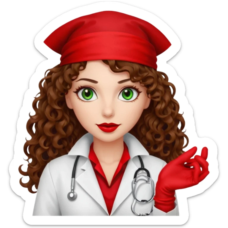 Spanish sexy evil woman. She has green eyes.  had brown long curly hair.  evil surgeon kills with needle wears red sexy doctor coat with red mouth bandana red gloves.  sticker