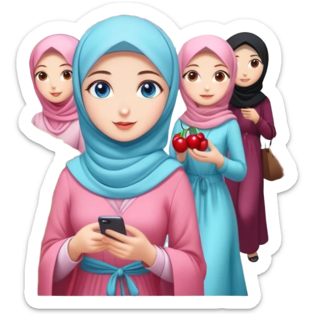 Turkish beautiful finish Konya girls blue eyes with lovely cherry blossom hijab long tail dress and the friends shopping in a market fruits sticker