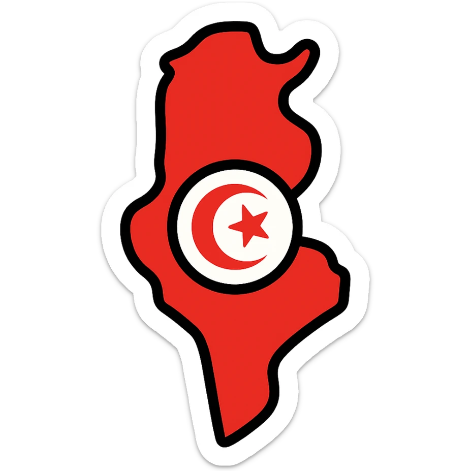icon of Tunisia's map with a red and white color scheme, crescent and star sticker