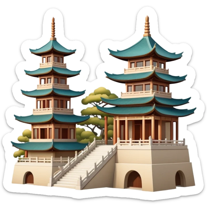 Traditional Chinese architecture with pagoda roofs, natural colors, balanced tones, classic emoji style sticker