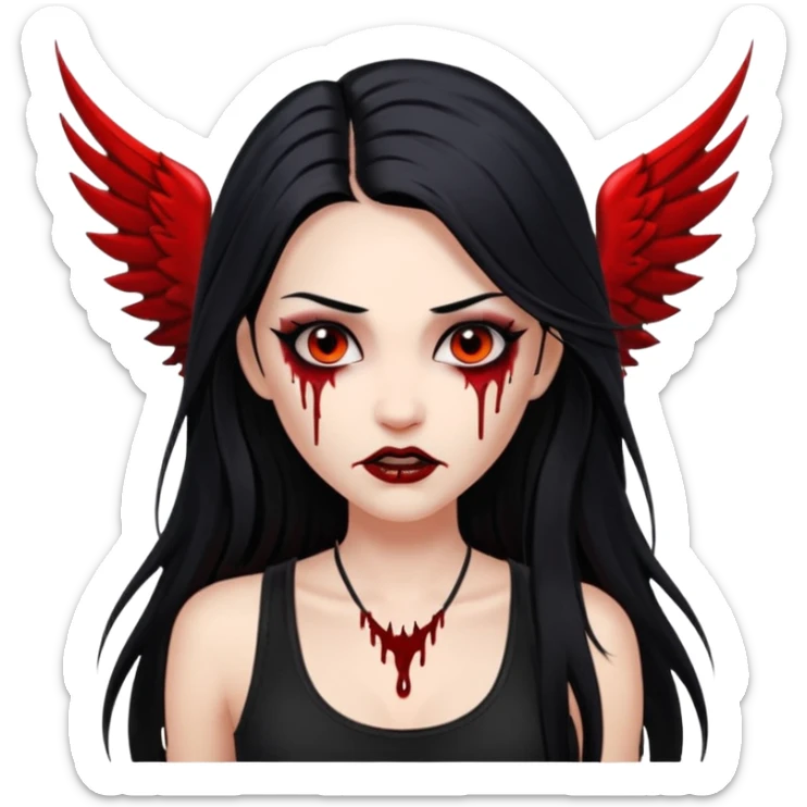 White woman with a white tank top long black hair glossy middle part long hair vamp look with fangs or blood dripping brown eyes eyeliner winged with lashes top and bottom sticker