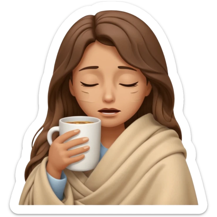 emoji-style illustration of a crying relaxed woman with long wavy brown hair, wrapped in a cozy beige blanket, holding a mug cup, eyes closed, sad and a bit anxious expression, soft 3D cartoon rendering, warm and comforting mood, plain background
 sticker