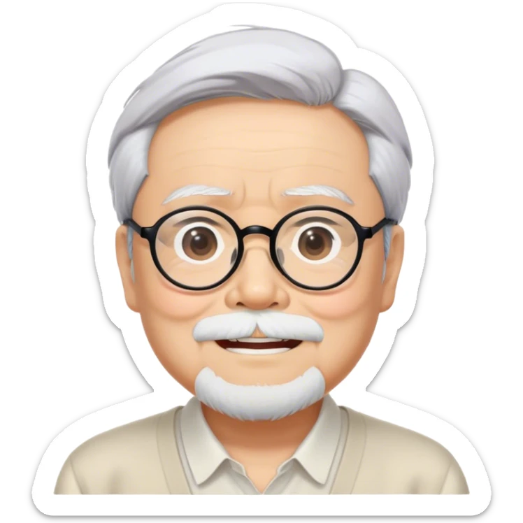 ​Cinematic Realistic Portrait of Hayao Miyazaki, depicted with defined black eyebrows, and large rectangular glasses, his happy expression rendered in lifelike detail, illuminated with soft, realistic lighting that emphasizes his creative genius, sticker