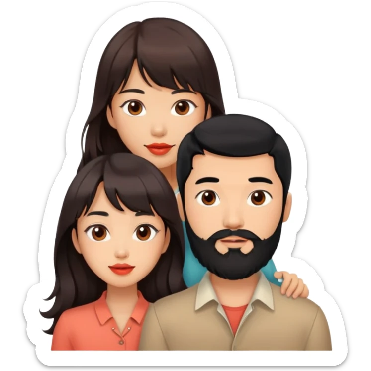 handsome asian man with black hair and beard, together with cute tan skin woman with long wavy reddish brown hair with bangs and coral lipstick sticker