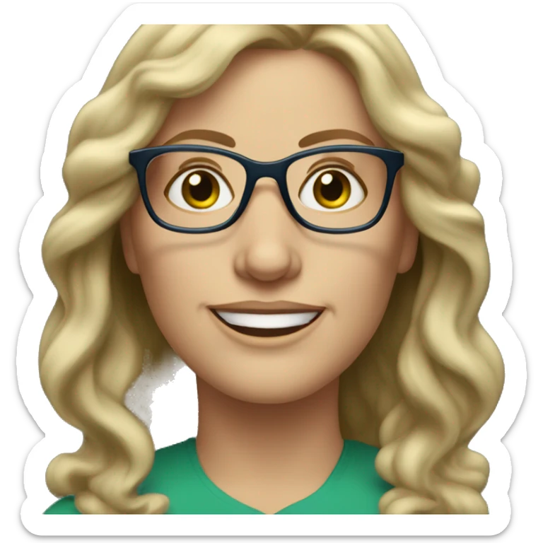 Middle aged white woman long  wavy dark blonde hair blue/green eyes with glasses  sticker